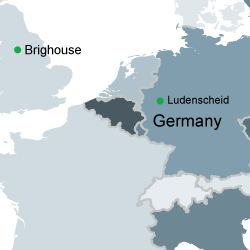Map showing location of Lüdenscheid in relation to Brighouse