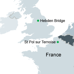 Map showing location of St Pol sur Ternoise in relation to Hebden Bridge