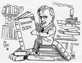 Cartoon depicting T.W. Hanson surrounded by books