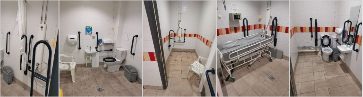 Accessible toilet and shower facilities showing spacious rooms with hand rails and low sinks